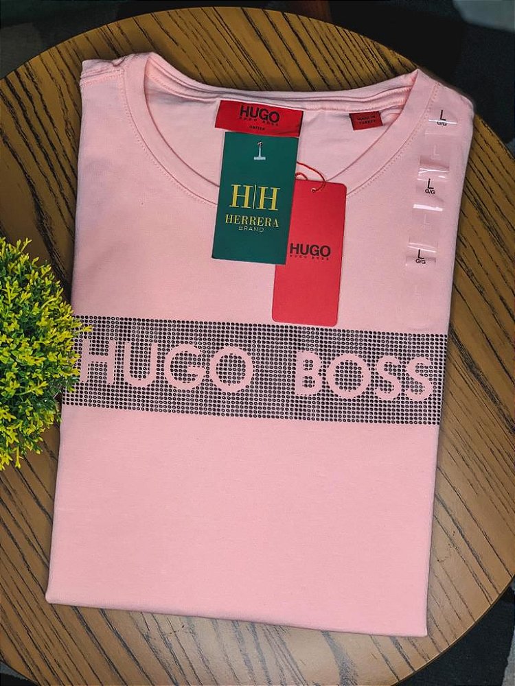 Camiseta HUGO BOSS Rosa Bebê Logo Emborrachado Preto - HERRERA BRAND