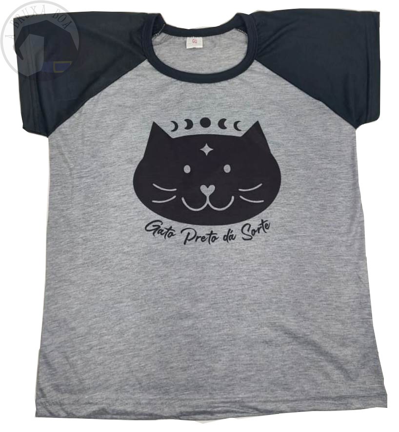 Camiseta Gato Preto dá sorte Look em Poliester Raglan Cinza - A Bruxa Boa |  Produtos Esotéricos