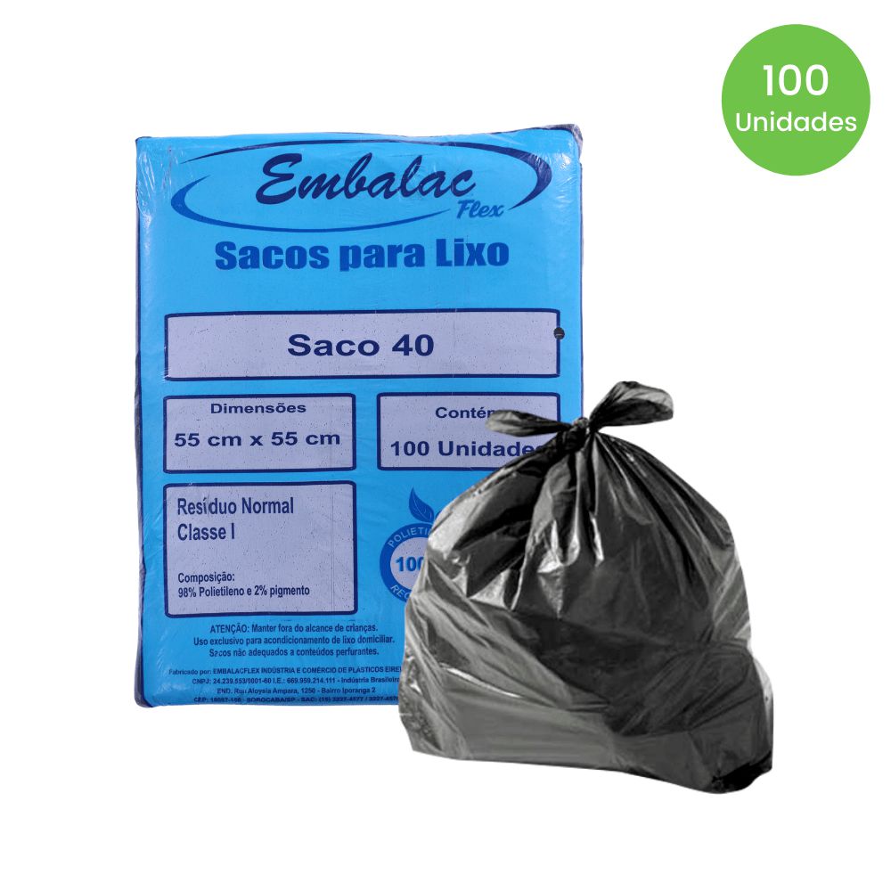 Saco de Lixo Preto 40 Litros com 100 Unidades - Embalac - Alcance Limp  Distribuidora de Produtos e Higiene