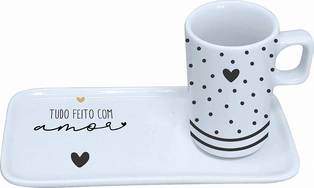 Conjunto de Xícara de Café e Pratinho "Tudo Feito com Amor" - Planeta Mimos  - Loja de utensílios de cozinha e louças
