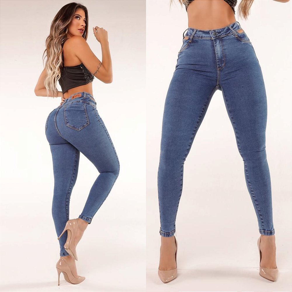 Calça jeans skinny clara cós vazado com pinça levanta bumbum - HR Rihanna  Fashion