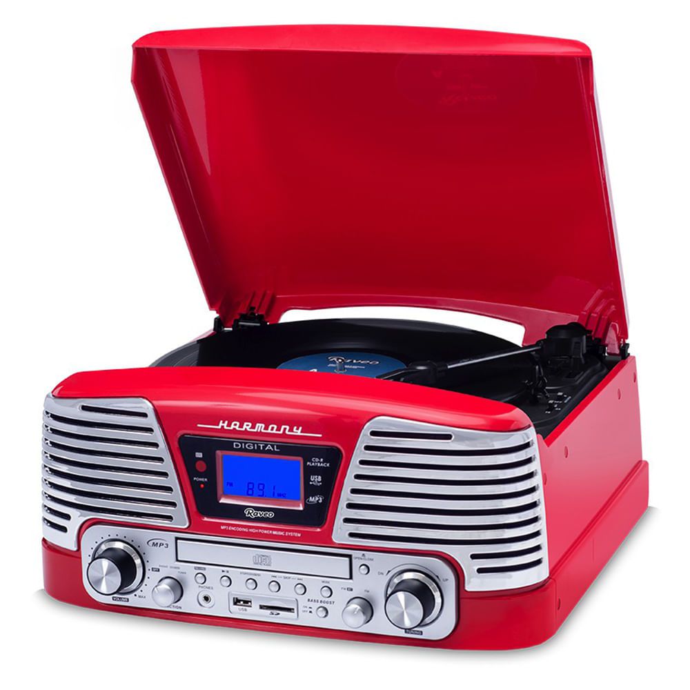 Vitrola Raveo Harmony Vermelha - Toca-Discos, CD Player, Bluetooth, USB.  SD, Radio FM - IDMSHOP - Sua loja referência em Áudio e Vídeo