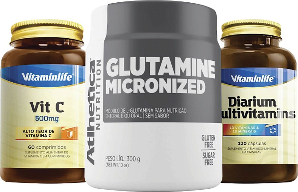 Kit Imunidade: Glutamine Micronized 300g Atlhetica + Vit C 500mg  Vitaminlife + Diarium Multivitamins 120caps Vitaminlife - Nocaute  Suplementos | Força e Saúde