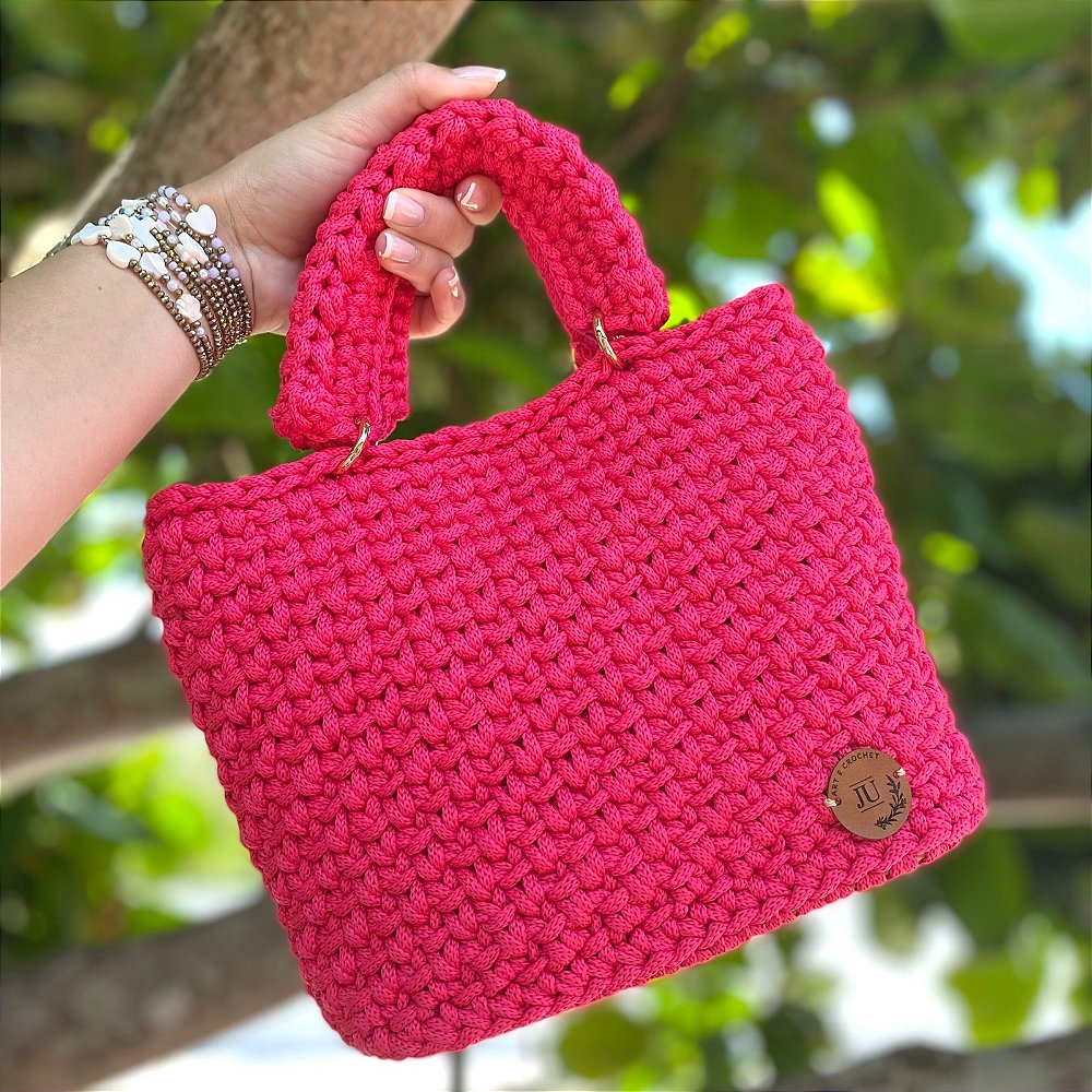 Bolsa de Mão Rosa Pink Fundo Couro - Ju Art e Crochet