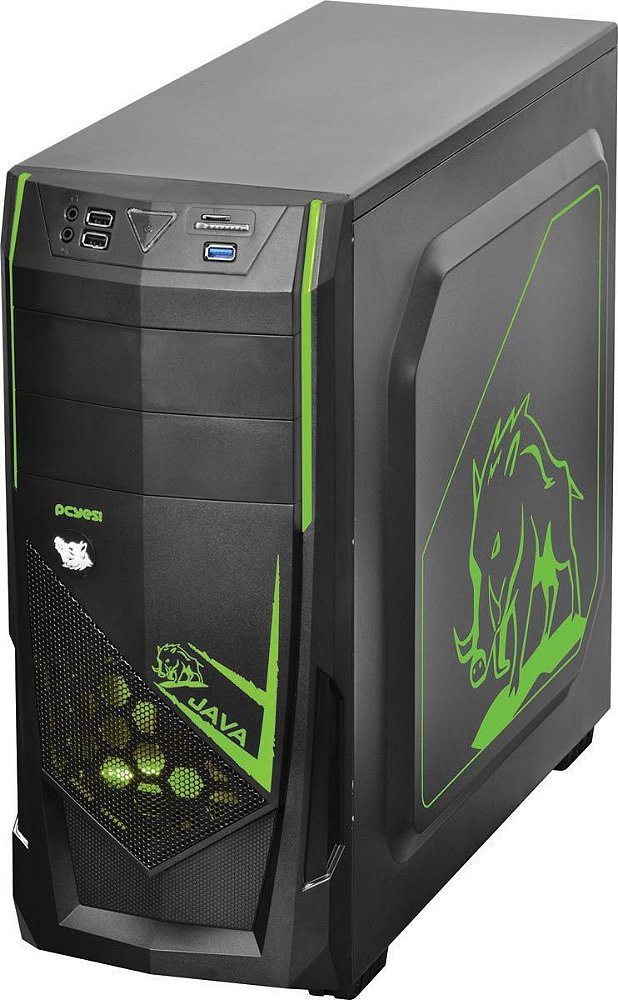 GABINETE MID-TOWER JAVA VERDE COM 2 FANS LED VERDE LATERAL EM ACRÍLICO
