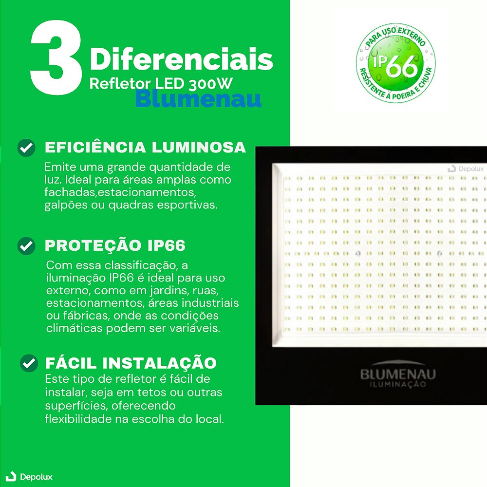 Refletor LED 300W IP66 à prova d'água para área externa Depolux