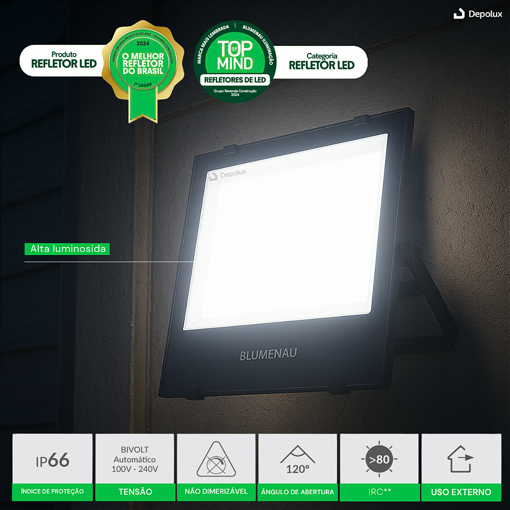 Detalhe do corpo em alumínio e vidro do refletor LED 200W