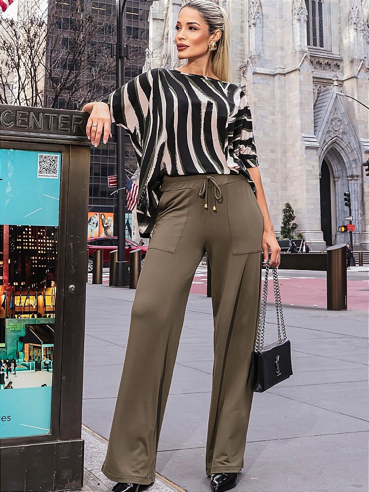 Roupa Feminina Social Para Festa Conjunto Calça E Blusa Estampada