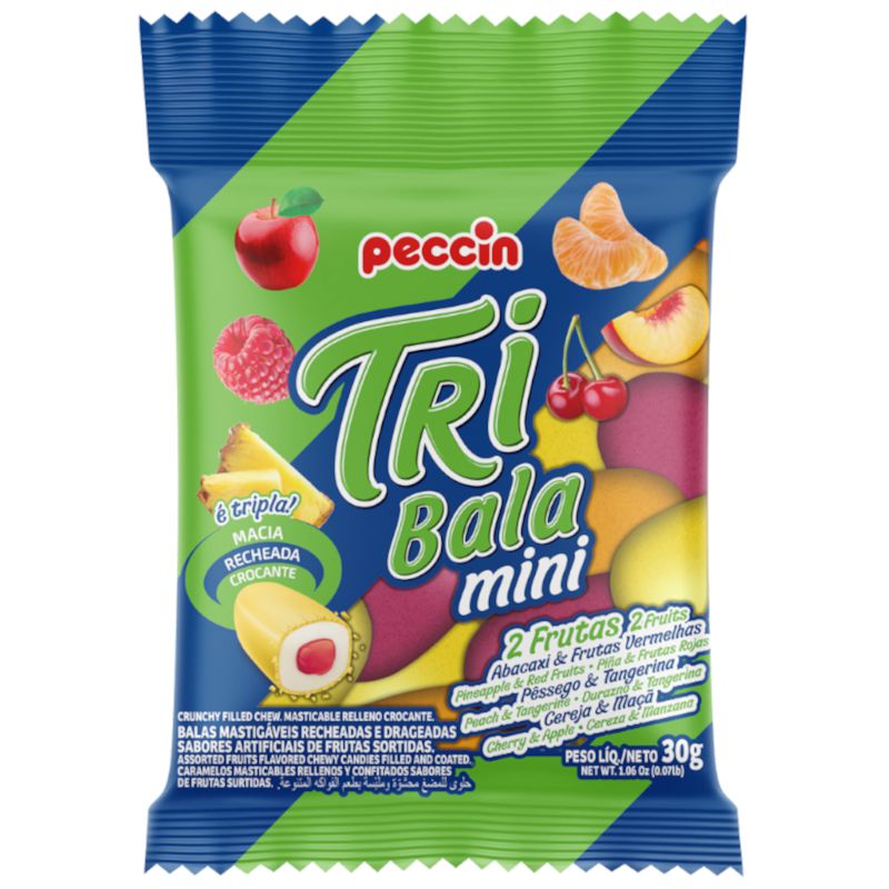 Caixa Tri Bala Mini MastigÁvel Recheada E Drageada Sabor 2 Frutas Embalagem 360g Peccin 7497