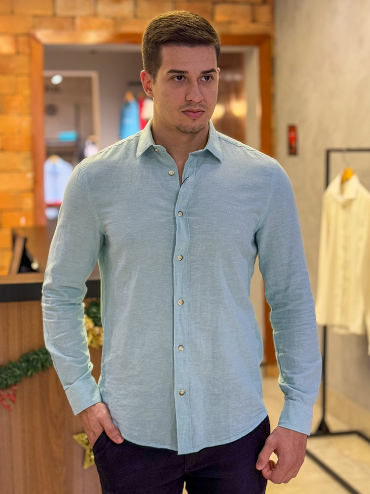 Camisa Aramis ML Slim Linho Com Algodão Azul MB Store Moda