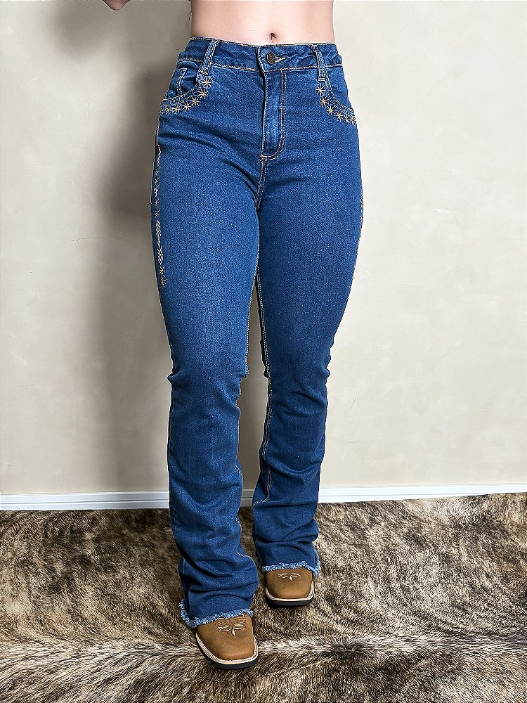 Calça Jeans Country Feminina Bordada Tradicional Texas Farm
