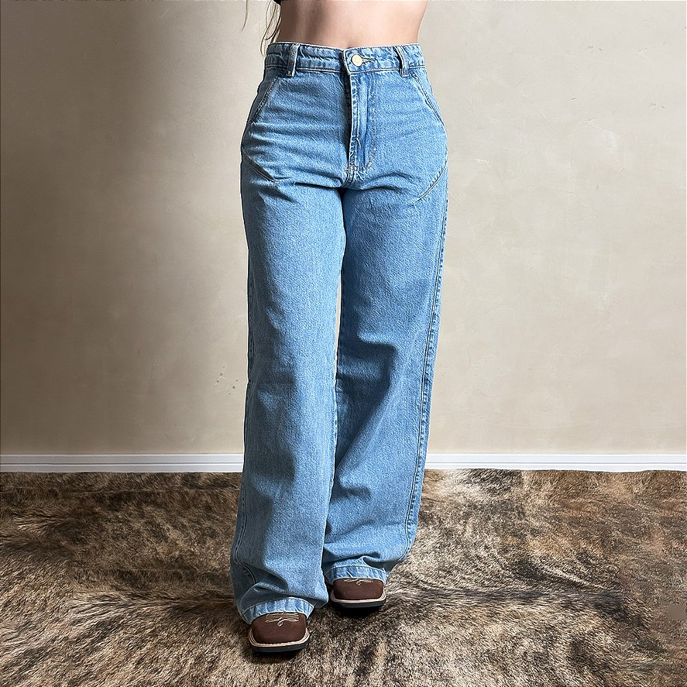 Calça Jeans Feminina Wide Leg Luna Larga Lisa Cintura Alta Paint