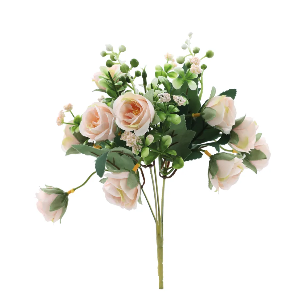 Flores Decorativas Permanentes Buquê de Rosas X8 32cm Rosa Chá