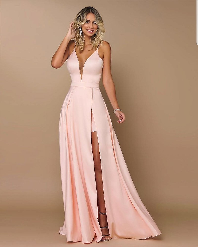 vestido longo com fenda rose