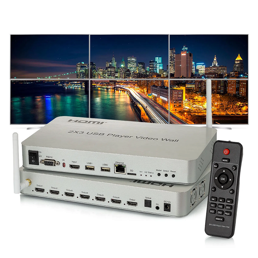 Vídeo Wall Controlador 2x3, 4K, 6 Telas HDMI Com USB Ethernet Wi