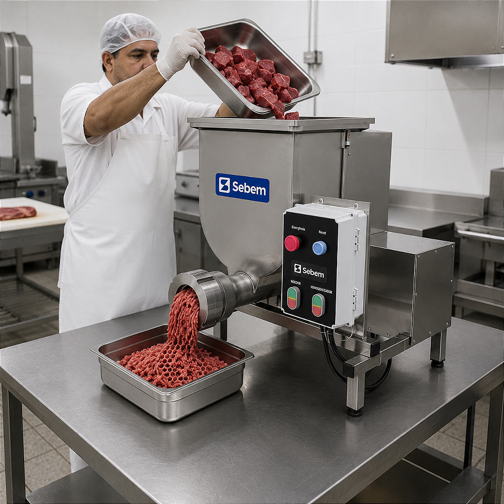 Moedor de carne automático com homogeneizador Sebem em uso: operador enche o tanque e a máquina mói sozinha