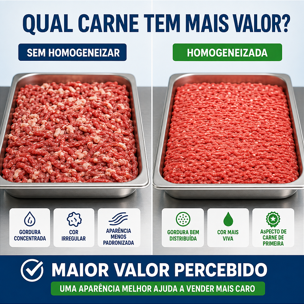 Comparativo: carne sem homogeneizar x carne homogeneizada no moedor Sebem — o blend fica mais vermelho e vende mais caro