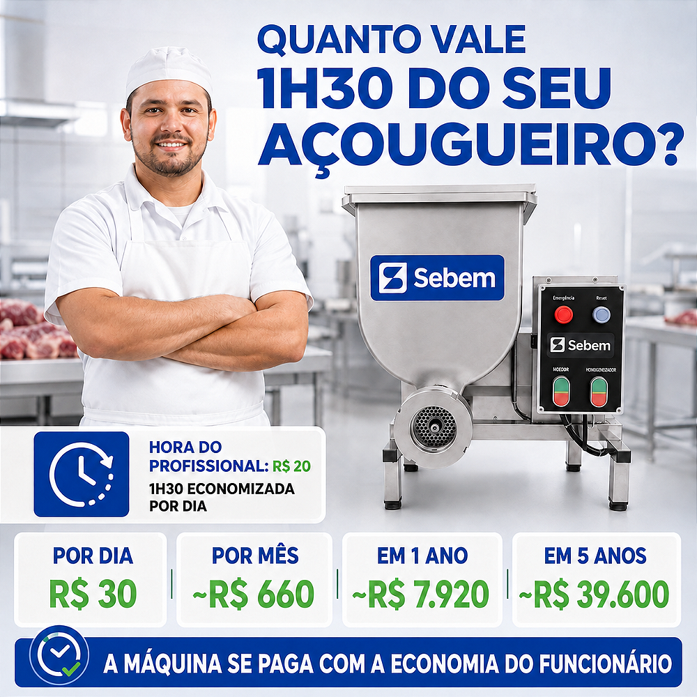 Quanto vale 1h30 do seu açougueiro por dia: a mão de obra economizada com o moedor automático Sebem