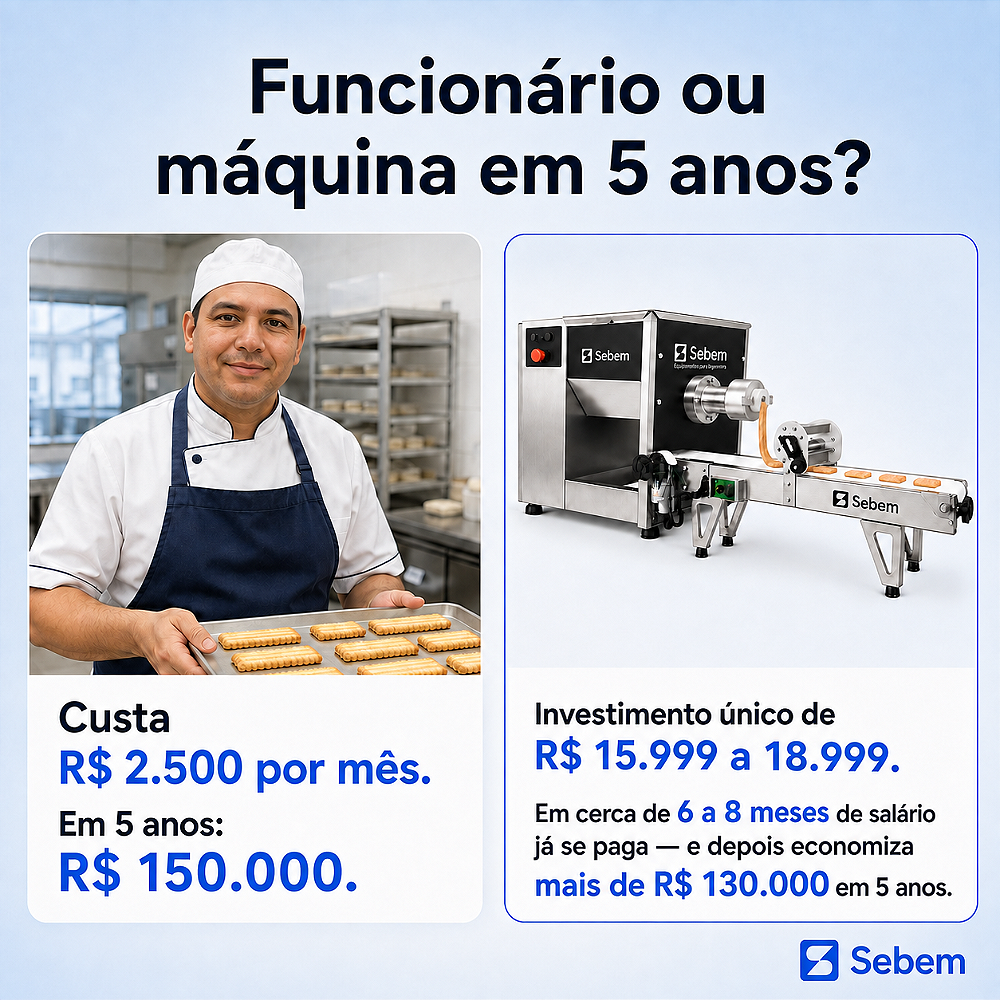 Funcionário ou máquina em 5 anos: um funcionário custa R$ 2.500 por mês, R$ 150.000 em 5 anos; a máquina é investimento único e economiza mais de R$ 130.000