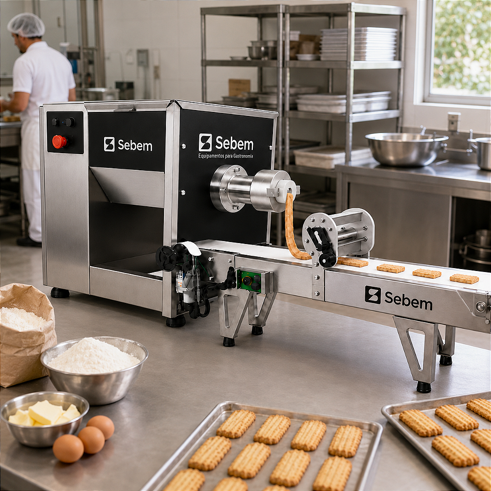 Máquina de bolacha e biscoito Sebem em produção numa confeitaria, com esteira e biscoitos saindo