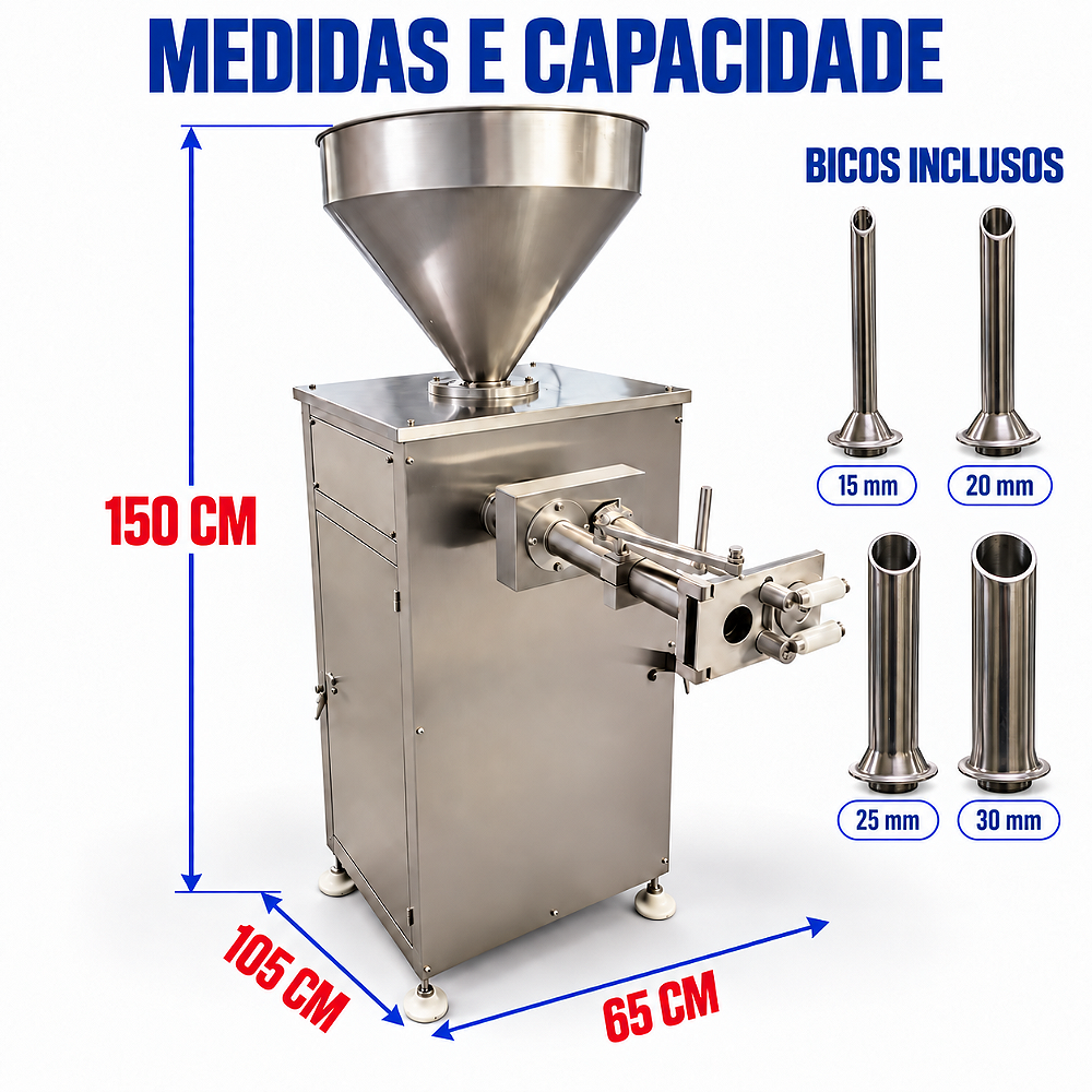 Medidas da ensacadeira EAS-50 Sebem: 150 cm de altura, 105 cm e 65 cm, com os quatro bicos de 15, 20, 25 e 30 mm