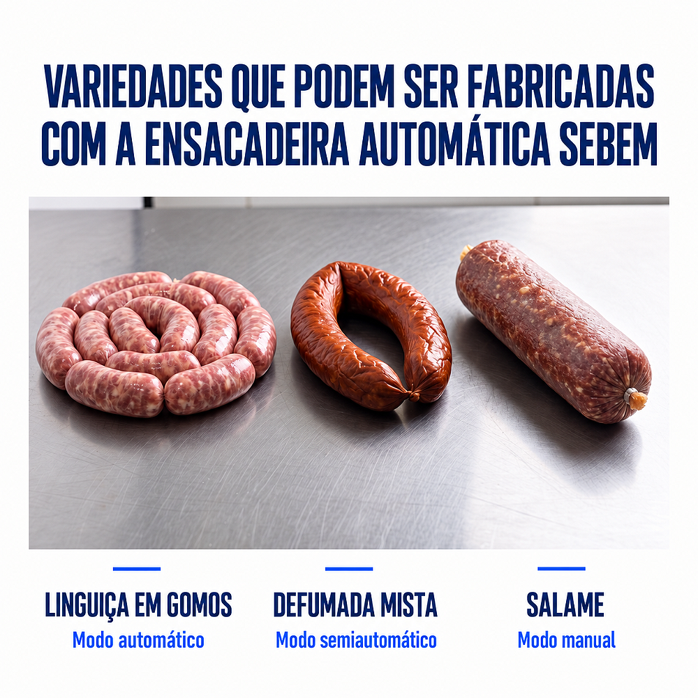Variedades que podem ser fabricadas com a ensacadeira automática Sebem: linguiça em gomos, defumada mista e salame