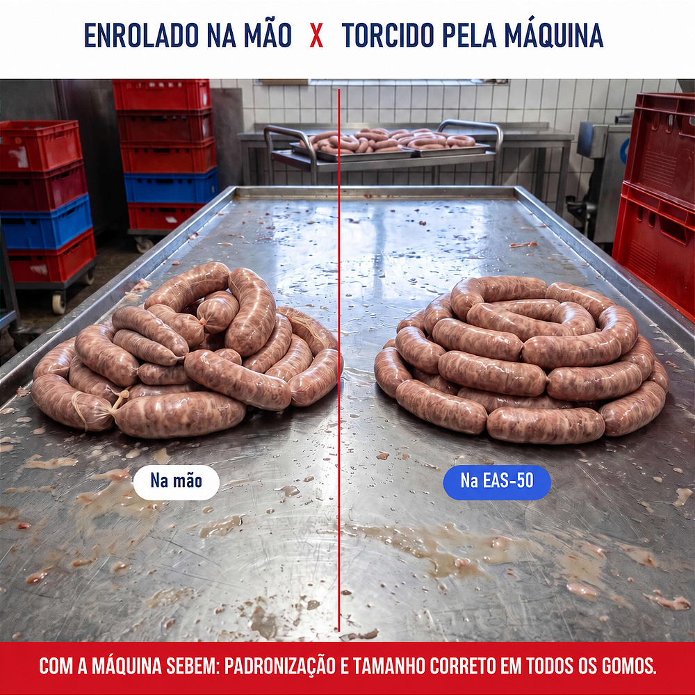 Comparativo entre linguiça enrolada à mão e linguiça torcida pela ensacadeira automática EAS-50 Sebem