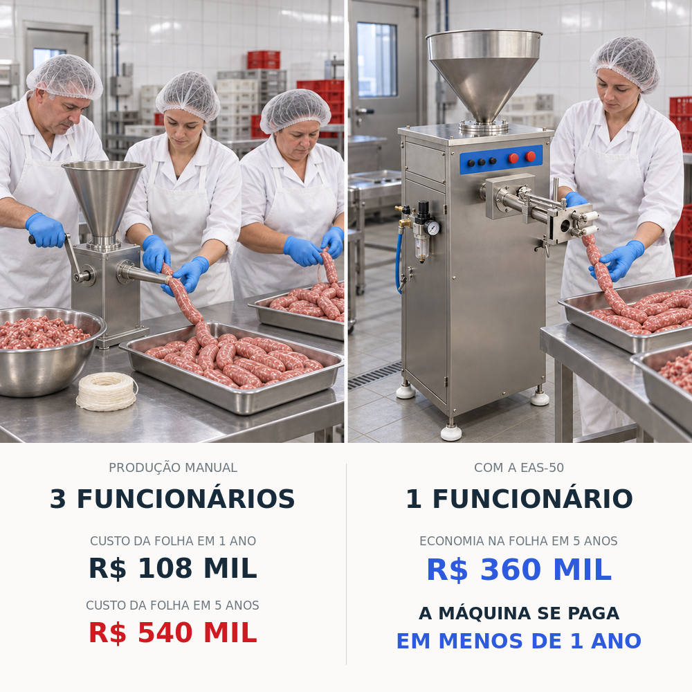 Comparativo de custo: três funcionários na produção manual contra um funcionário com a ensacadeira EAS-50 Sebem