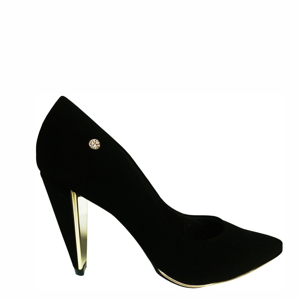 scarpin preto salto dourado