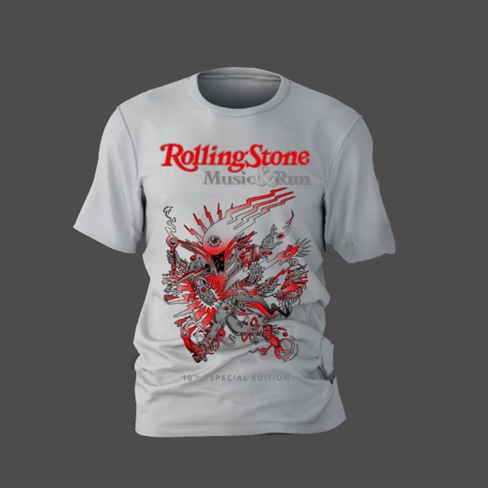 Camiseta Rolling Stone Music Run Branca em Poliamida - Mania de Corrida