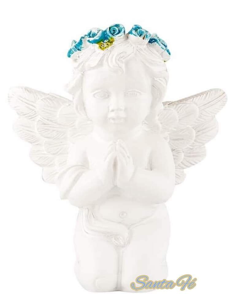 Anjo branco com coroa flores azul 6 cm - Santa Fé presentes