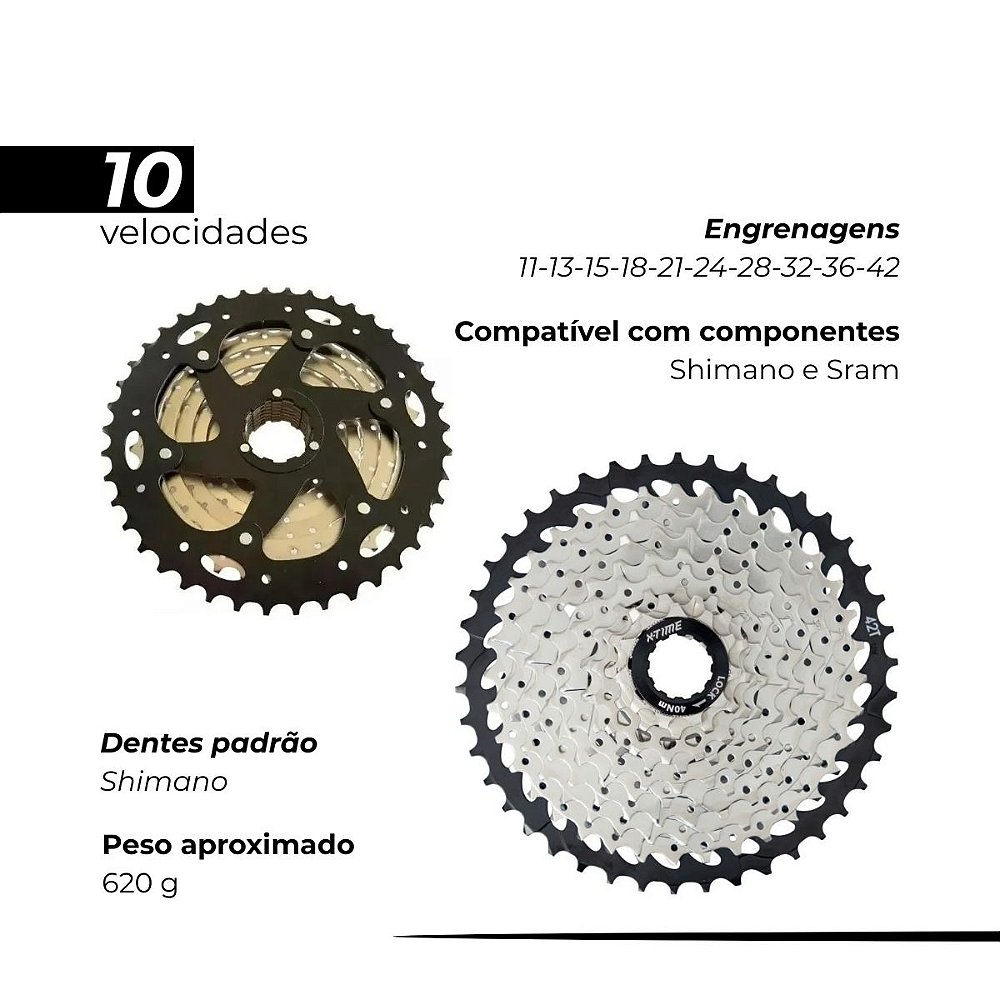 Cassete k7 bike 10v 11-42 dentes X-Time comp. Shimano Sram - 4Bike
