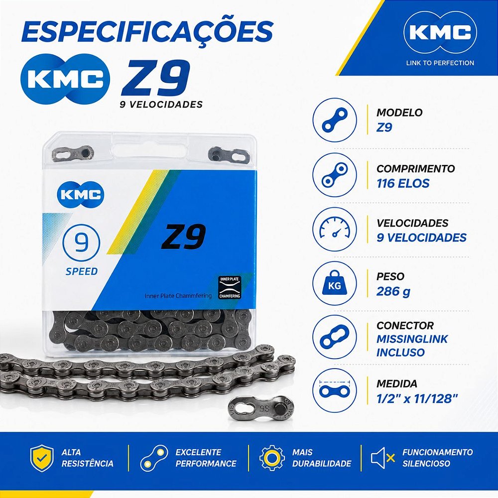 Corrente bike 9v KMC Z9 c/ power link - 4Bike - Roupas para