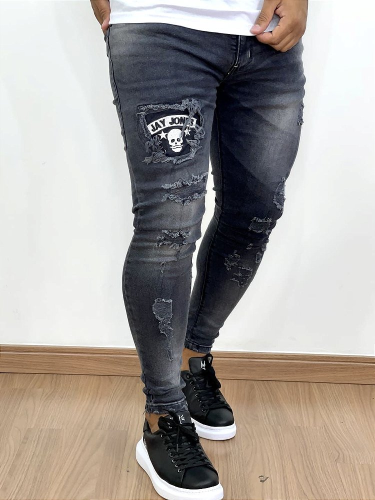 Calça Jeans Masculina Super Skinny Preta Lavada Caveira Bordada