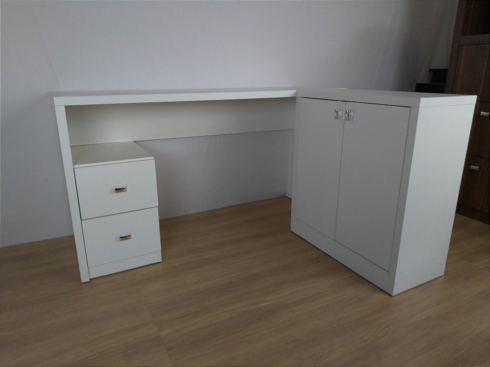 Mesa em L com 2 gavetas e armário embutido - Em MDF - TreeMobili - HyperBuy  | Loja e Fábrica de Móveis