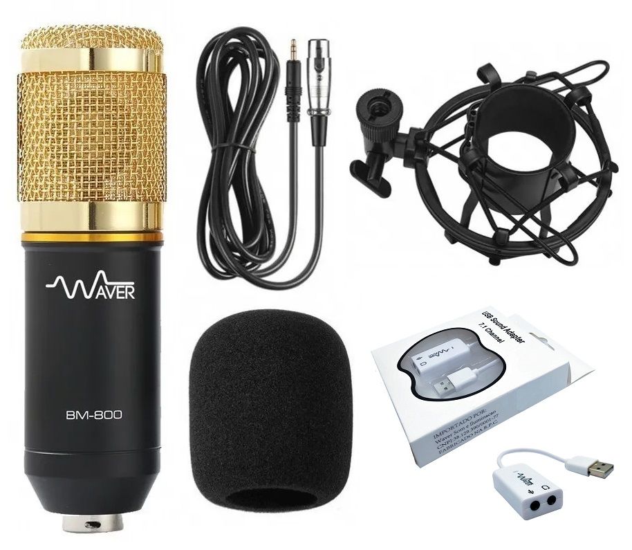 Microfone Condensador BM-800 Waver + Espuma + Aranha + Cabo - PRETO C/  DOURADO - Waver - Sua Melhor Experiência de Som
