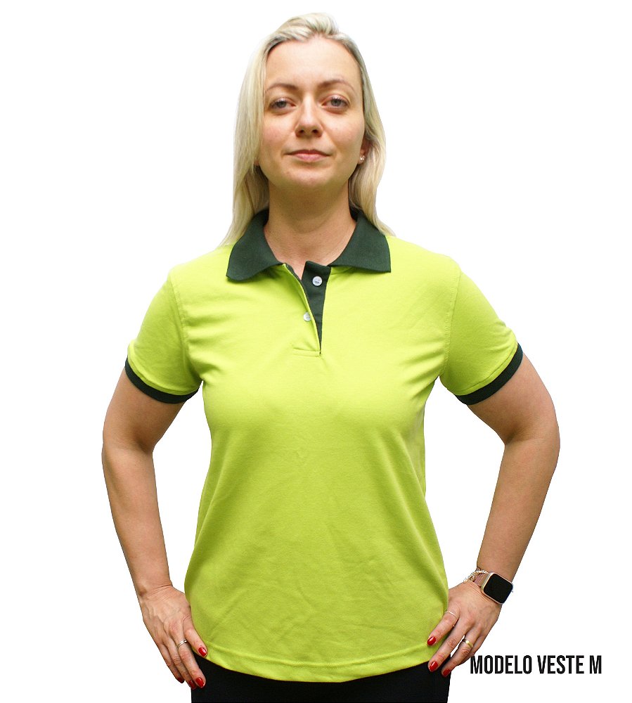 Camisa Polo Feminina Verde Cítrico com Gola e Punho da Manga Musgo -  Fabricação própria de uniformes promocionais e profissionais para empresas  e eventos