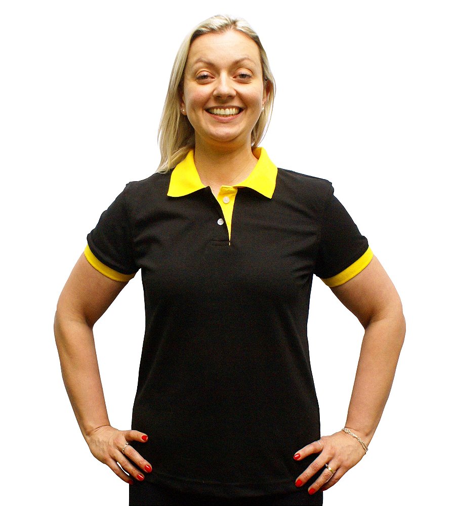 Camisa Polo Feminina Preta com Gola e Punho da Manga Amarelo - Fabricação  própria de uniformes promocionais e profissionais para empresas e eventos