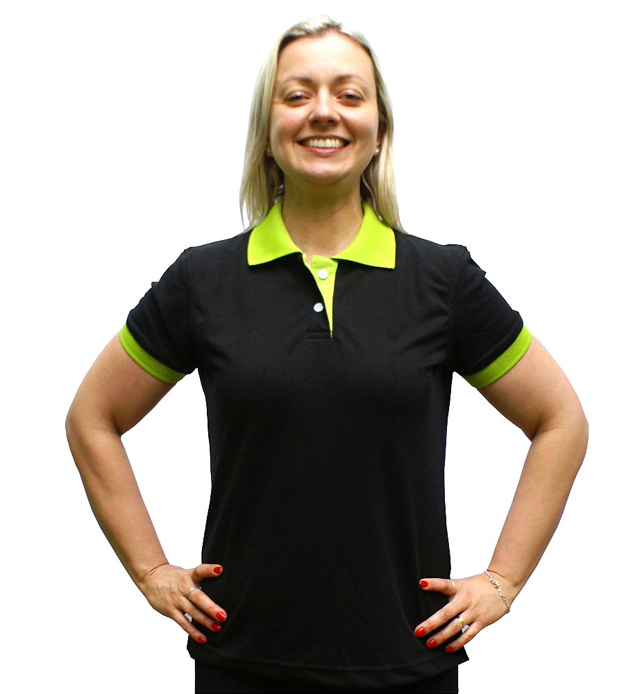 Camisa Polo Feminina Preta com Punho da Manga Verde Limão - Fabricação  própria de uniformes promocionais e profissionais para empresas e eventos