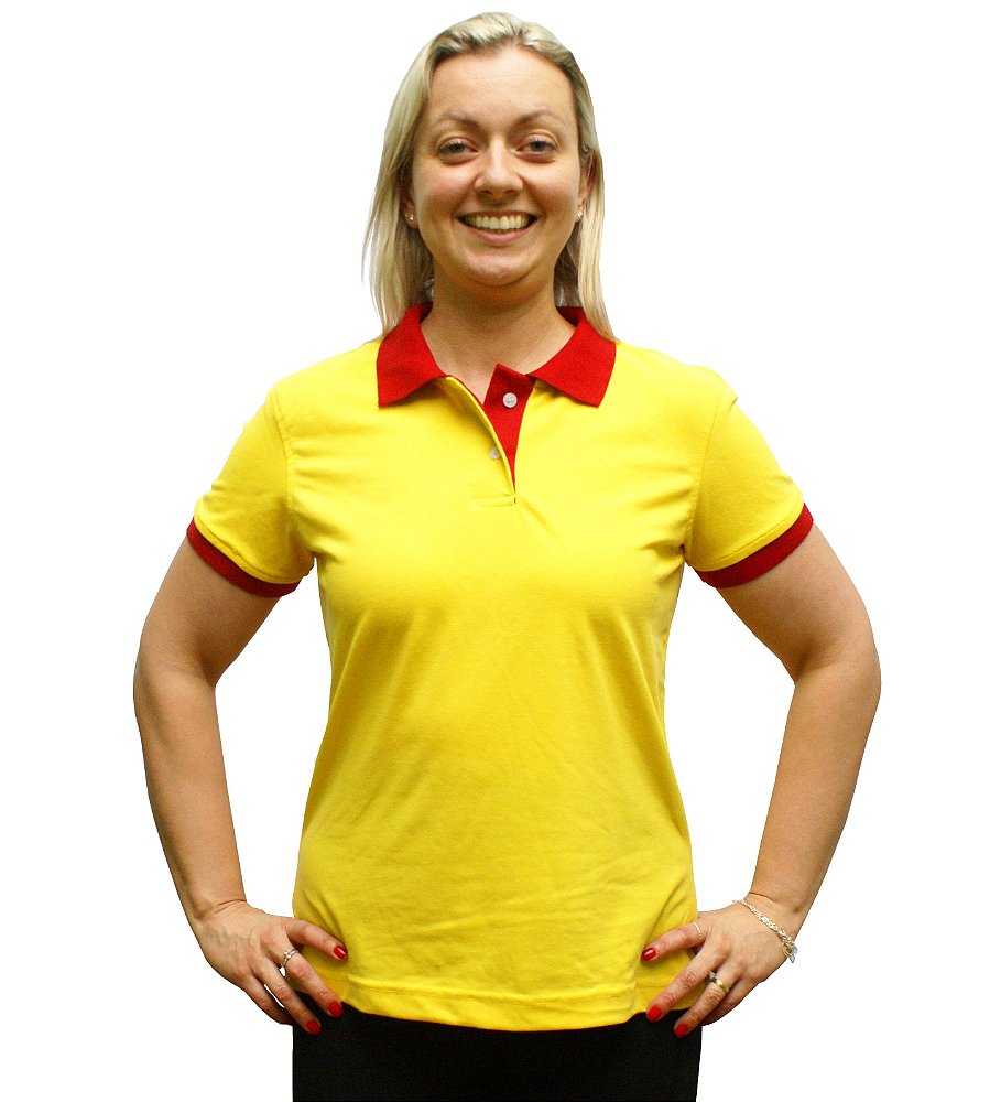 Camisa Polo Feminina Amarela com Gola e Punho Vermelha - Fabricação própria  de uniformes promocionais e profissionais para empresas e eventos