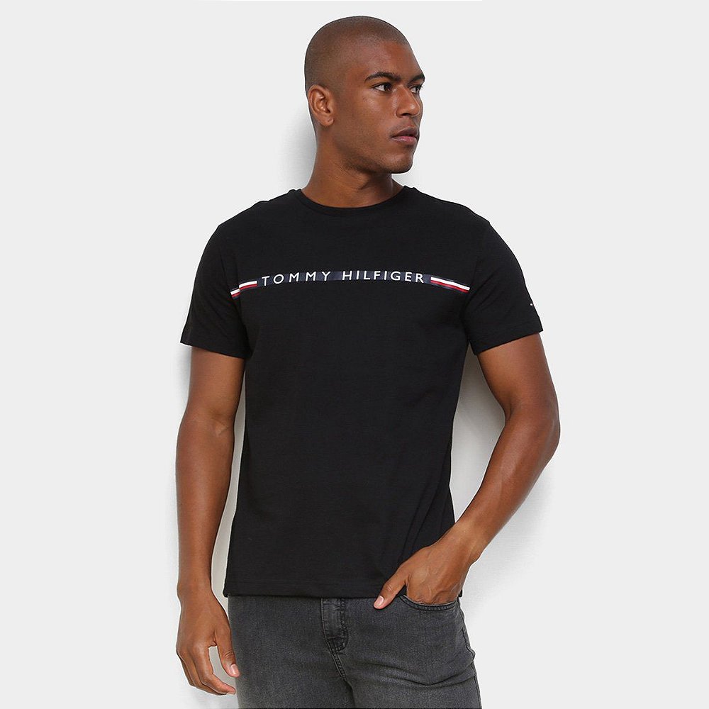Camiseta Tommy Hilfiger Logo Stripe Peito Masculina Preta - Marathon  Artigos Esportivos