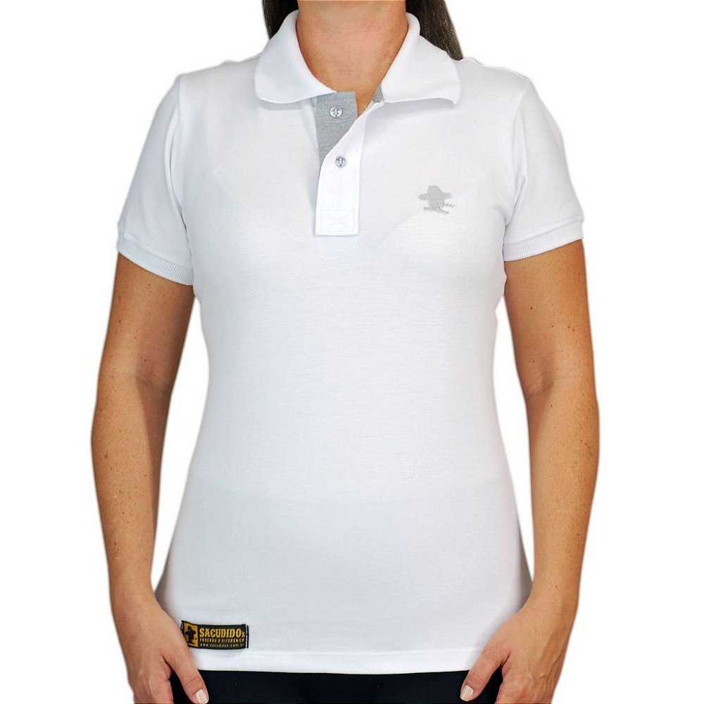 Camiseta Polo Feminina Sacudido's Elastano - Branca Lisa - Sacudidos
