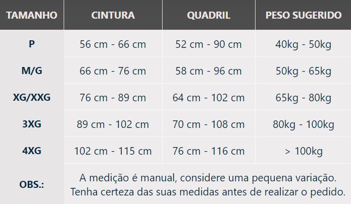 tabela de medidas bermuda modeladora super slim fit