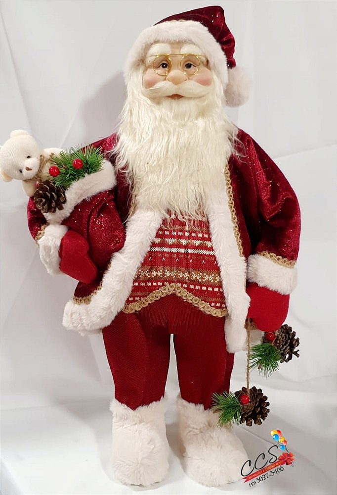 Boneco de Natal Papai Noel em Pé Com Botas de Pele Luxo 70cm - Bordo Bege -  Ref 72755001 D&A - CCS Decorações