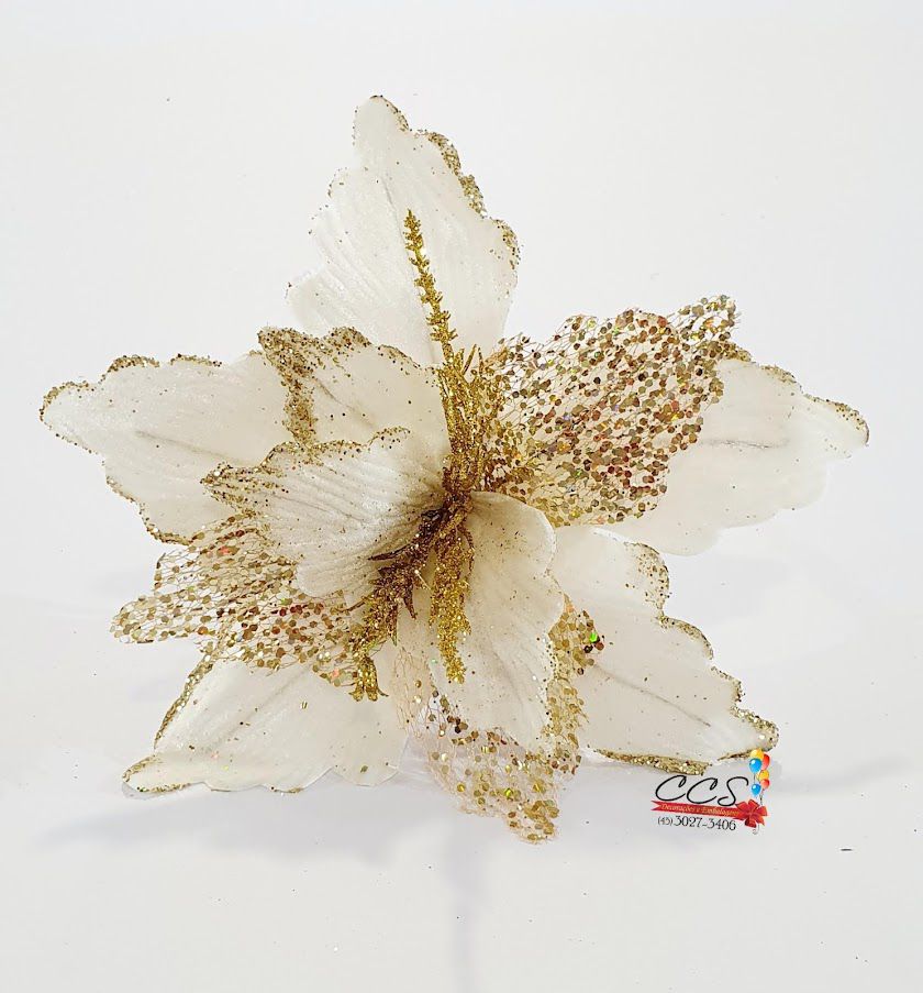 Flor de Natal Bico de Papagaio Branco Com Glitter Gold - Cabo Médio 36cm -  Ref 74712006 D&A - CCS Decorações
