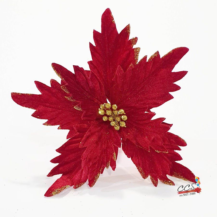 Flor de Natal Poinsetia Vermelha de Veludo com Borda de Glitter Dourado -  Flores Cabo Curto - Ref 1711398 Cromus Natal - CCS Decorações