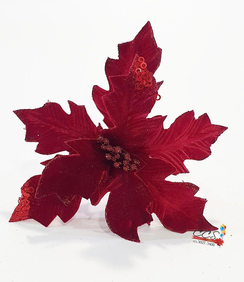 Flor de Natal Poinsetia Veludo Vermelho Marsala - Flores Cabo Médio - Ref  07354 Tok da Casa - CCS Decorações