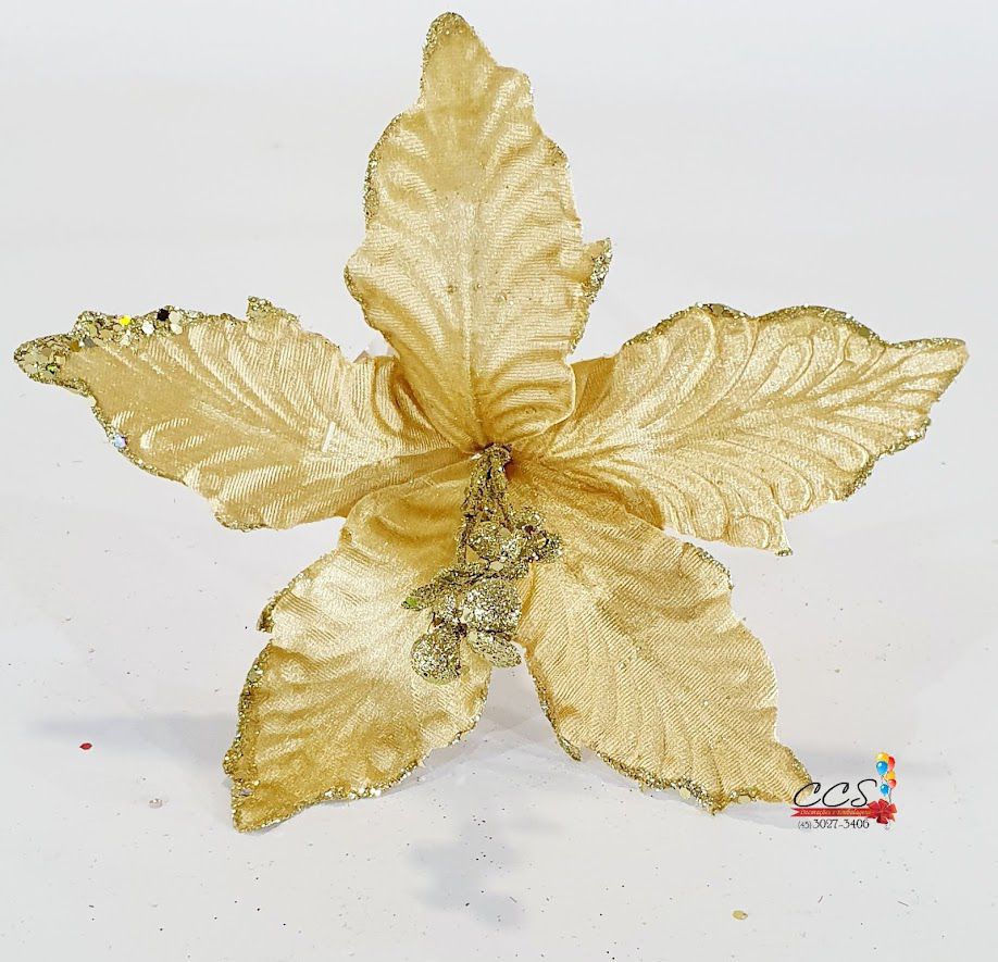 Flor de Natal Poisenttia Dourada Aveludada - Flores Cabo Médio - Ref  1025010 Cromus Natal - CCS Decorações