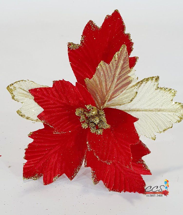 Flor de Natal Poisenttia Aveludada Vermelha e Dourado - Flores Cabo Curto -  Ref 1920294 Cromus Natal - CCS Decorações