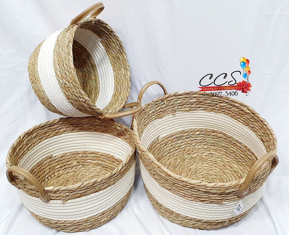 Kit Cestas de Palha Natural com Branco - 3 Unidades 35X28cm 69126001 D ...